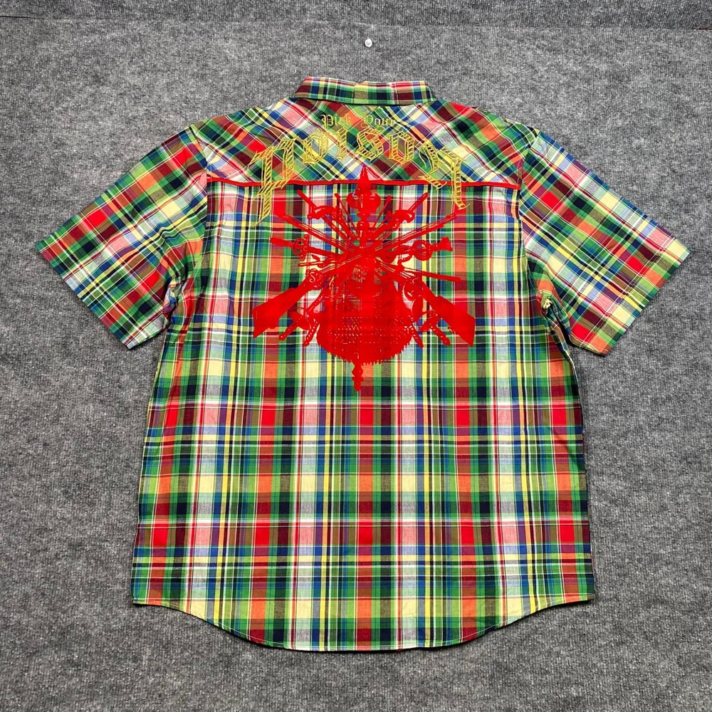 Clench Mens 2XL Plaid Short Sleeve Button Down Pick Your Poison Graphic Shirt